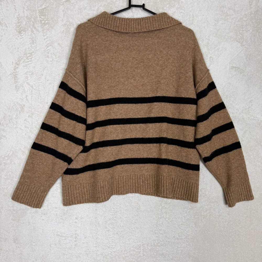Womens Tan Black Striped Polo V-Neck Wool Blend Sweater Oversized Small Preppy - Picture 2 of 6